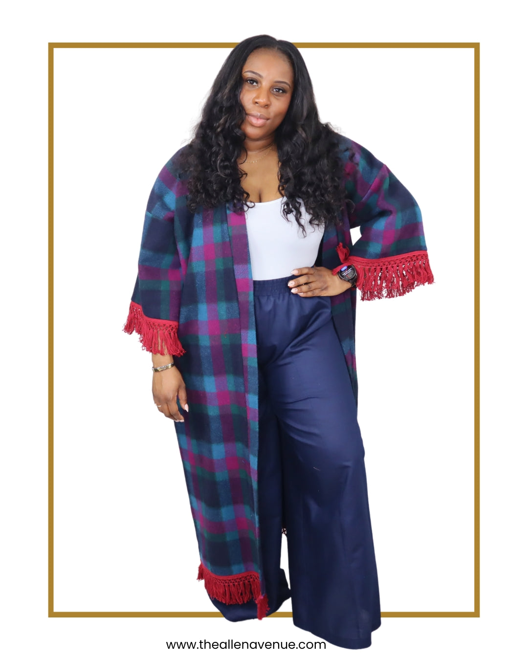 Midnight Garnet Wool Kimono with Fringe
