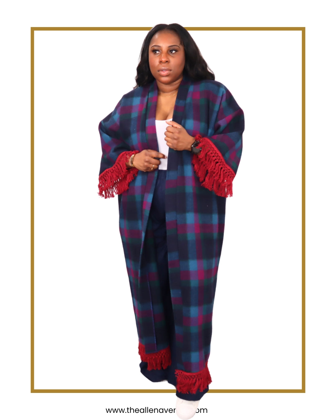 Midnight Garnet Wool Kimono with Fringe
