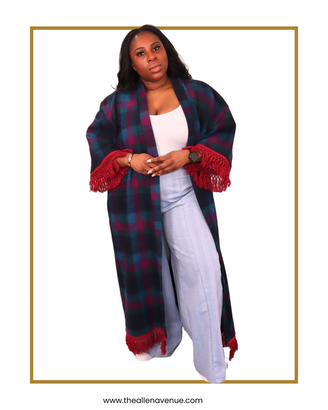 Midnight Garnet Wool Kimono with Fringe