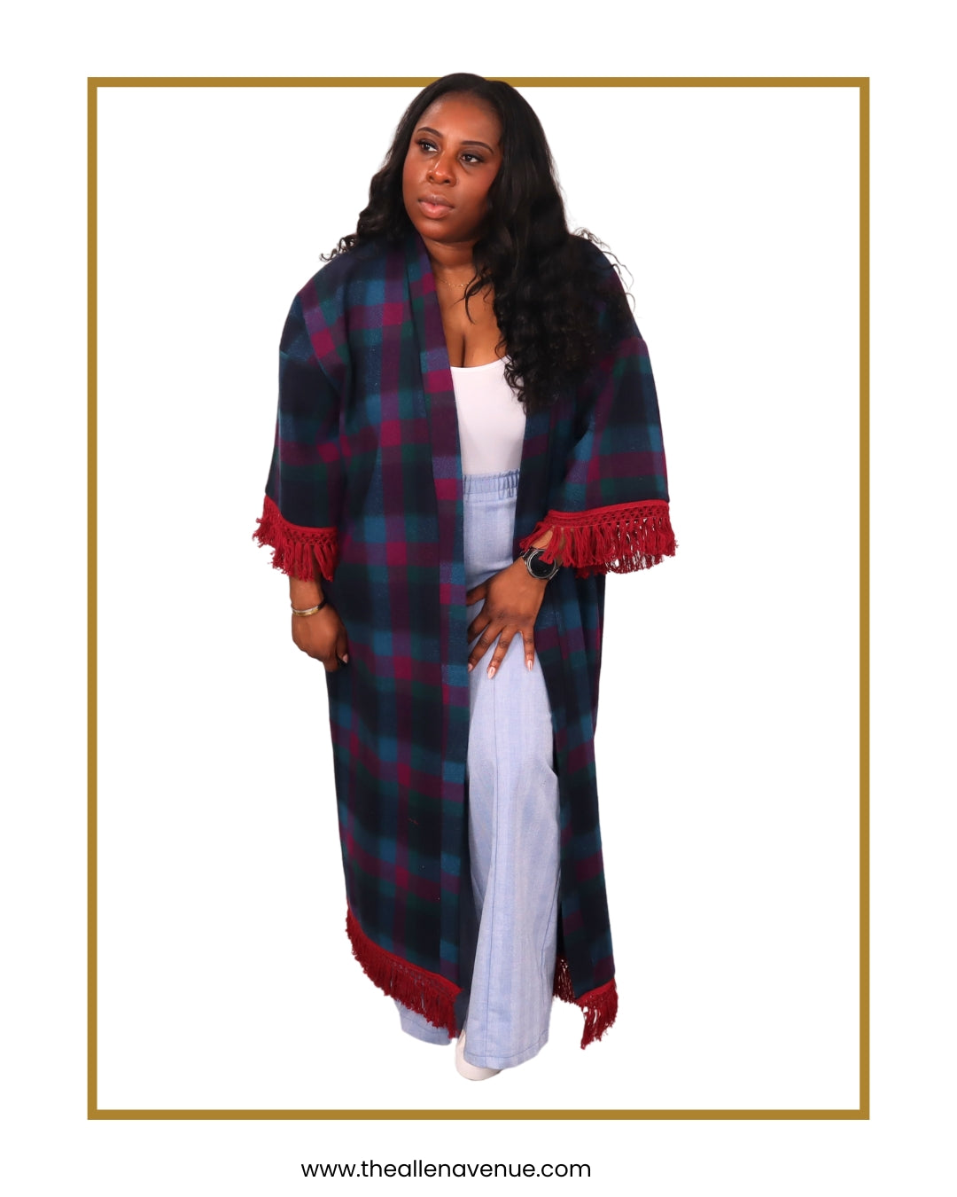 Midnight Garnet Wool Kimono with Fringe