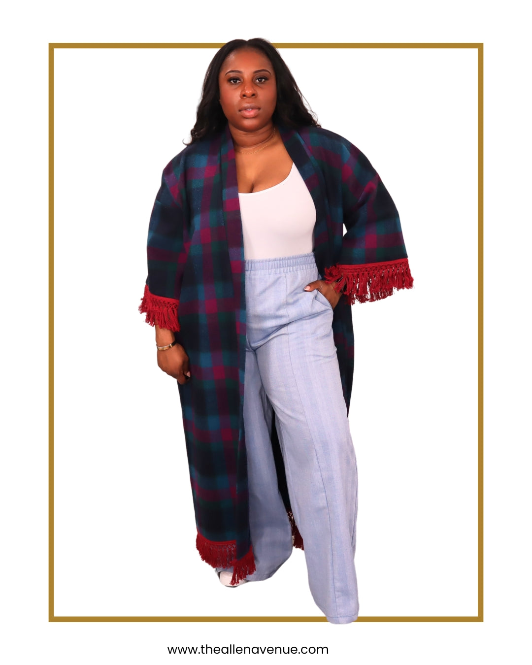 Midnight Garnet Wool Kimono with Fringe