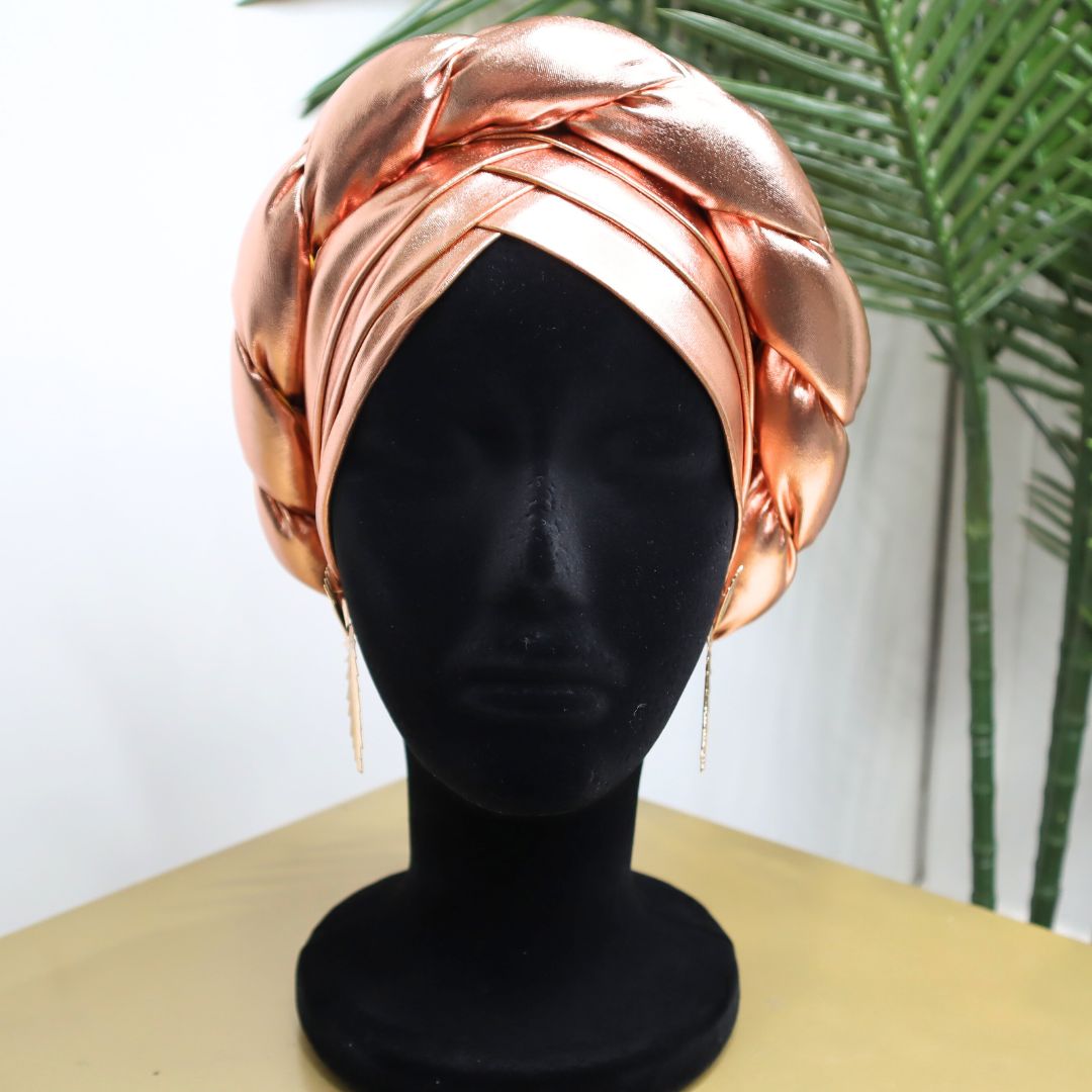 Rose Gold Braided Faux Leather Pre-Tied Turban Headwrap