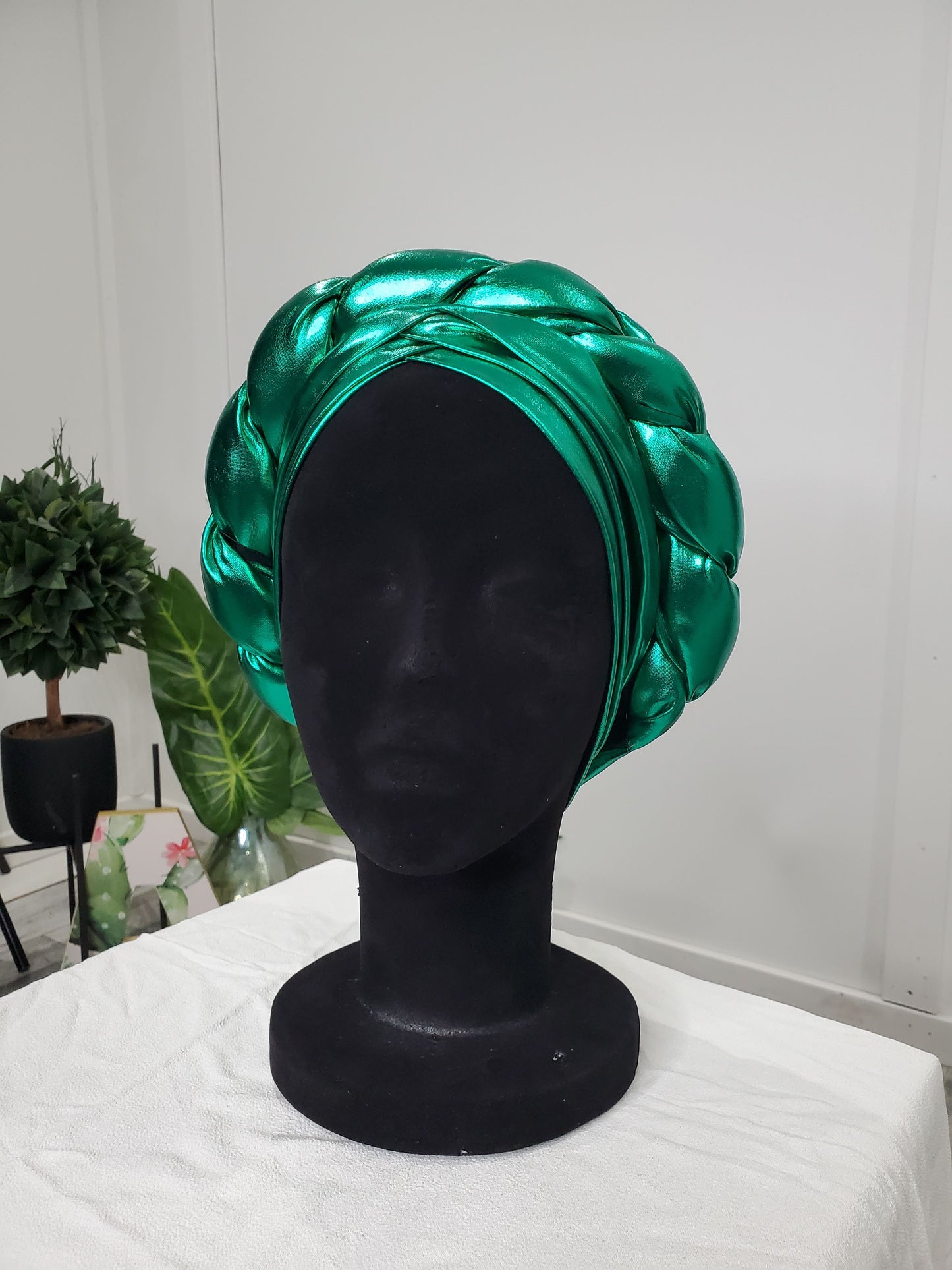 Green Braided Faux Leather Pre-Tied Turban Headwrap