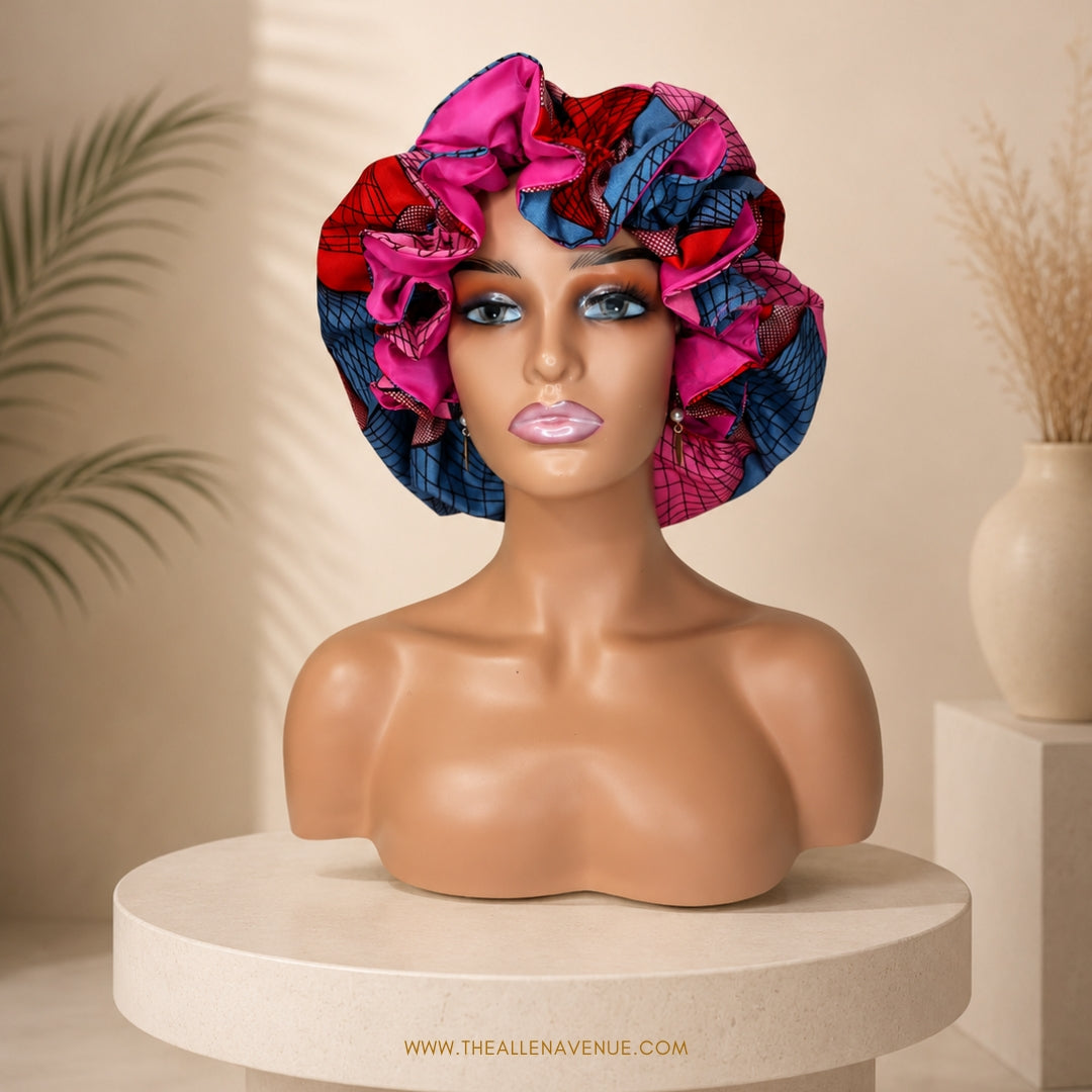 Pink Orchid Ankara & Satin Double Lined Hair Bonnet