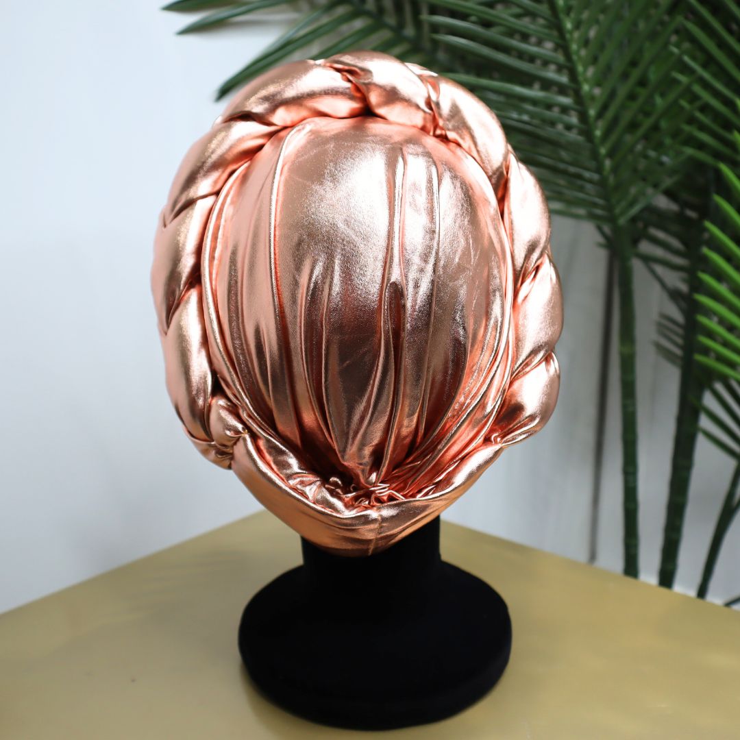 Rose Gold Braided Faux Leather Pre-Tied Turban Headwrap