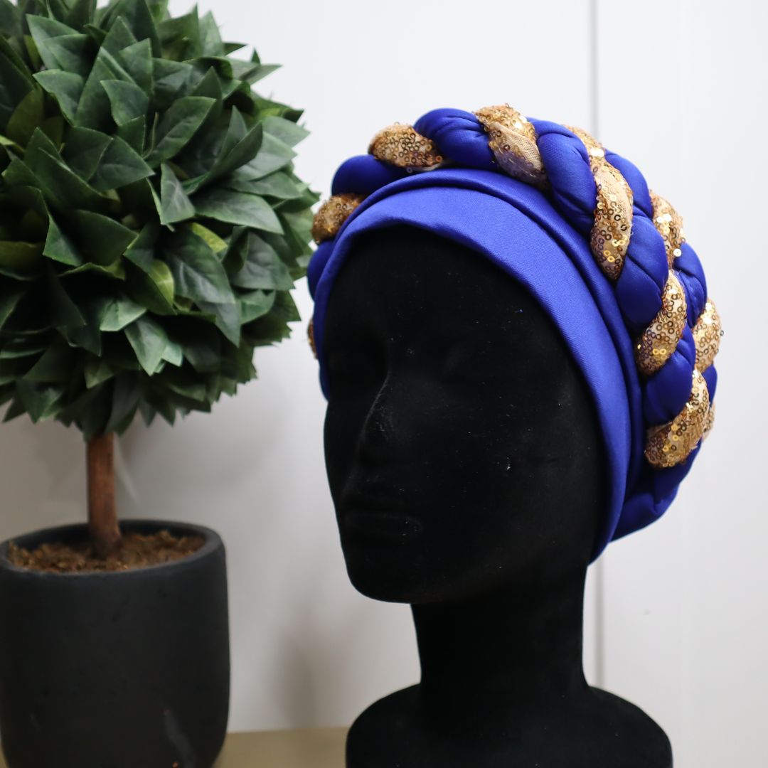 Gold & Blue Braided Turban Pre-Tied Headwrap