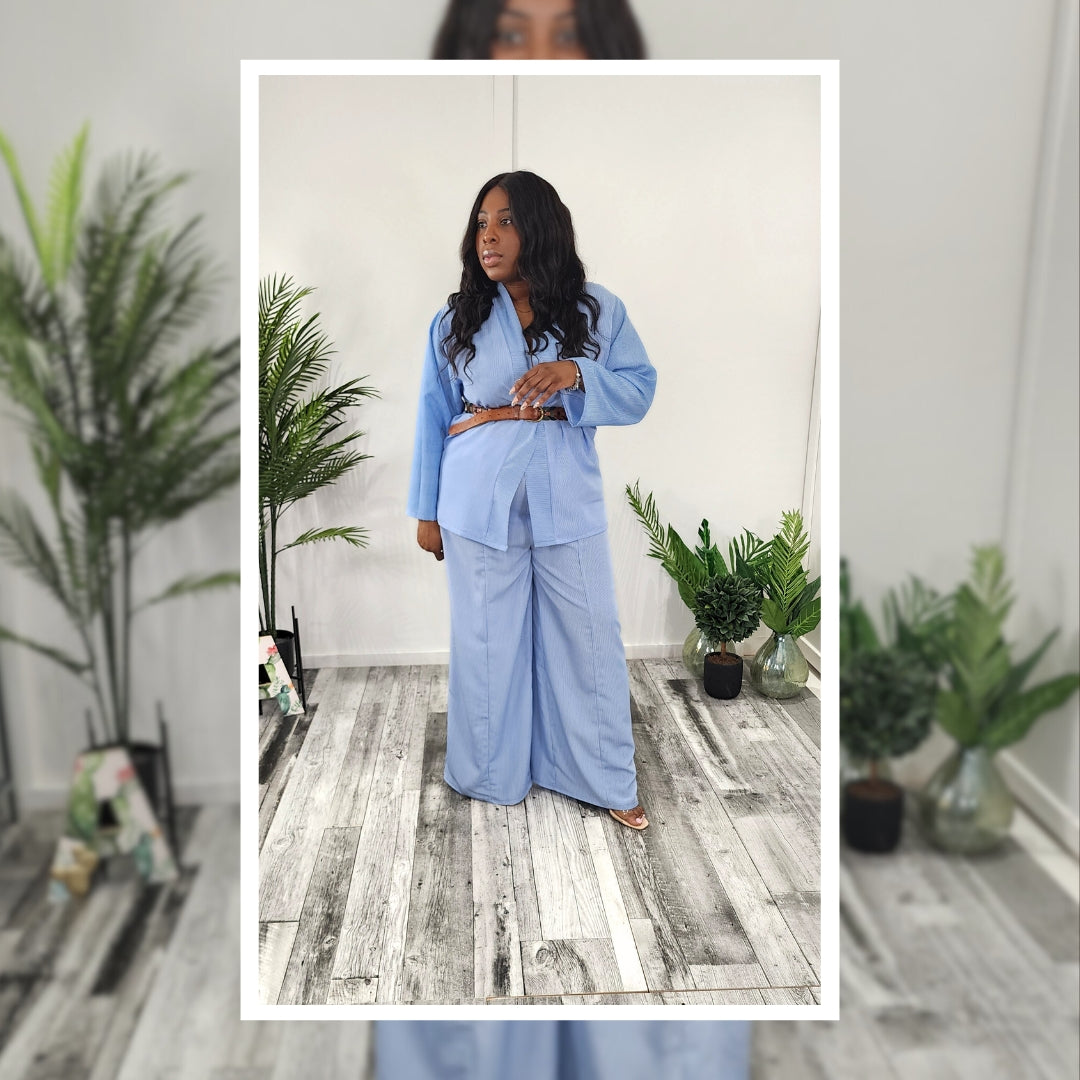 Blue Pinstripe Matching Pants Set