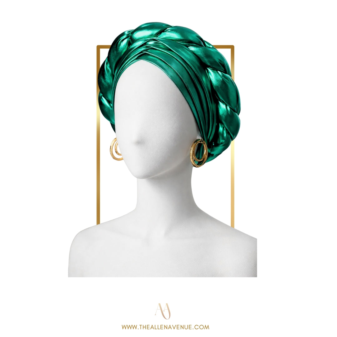 Green Braided Faux Leather Pre-Tied Turban Headwrap