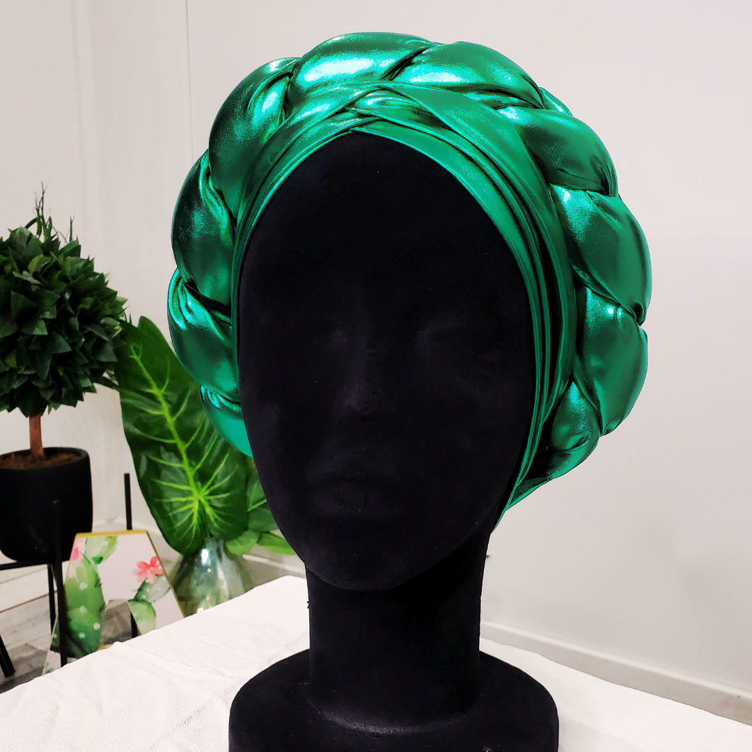 Green Braided Faux Leather Pre-Tied Turban Headwrap