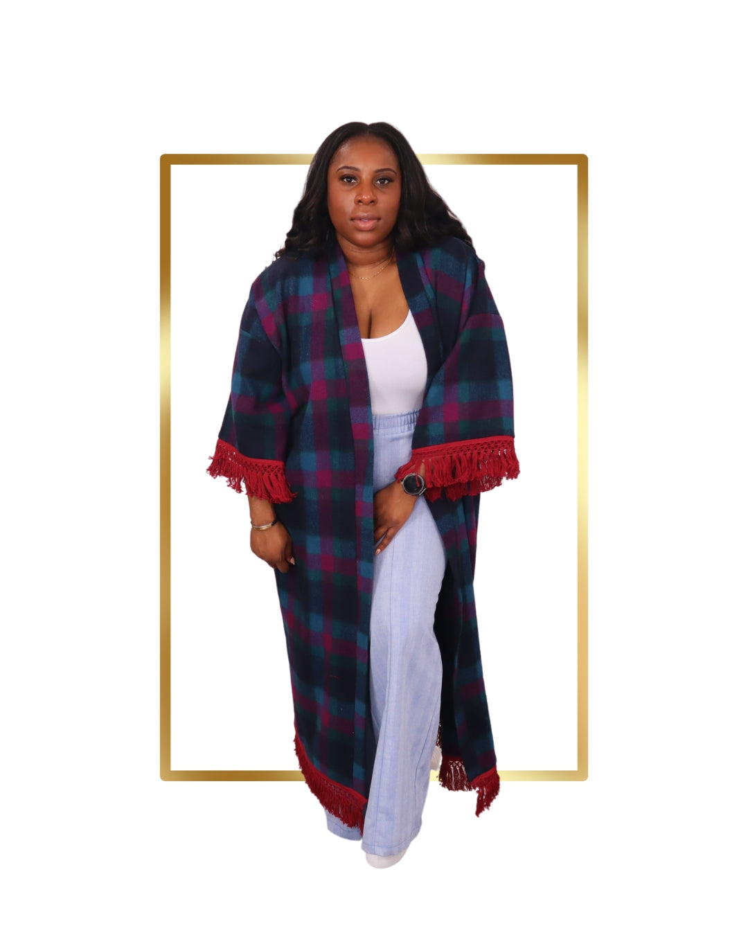 Midnight Garnet Wool Kimono with Fringe