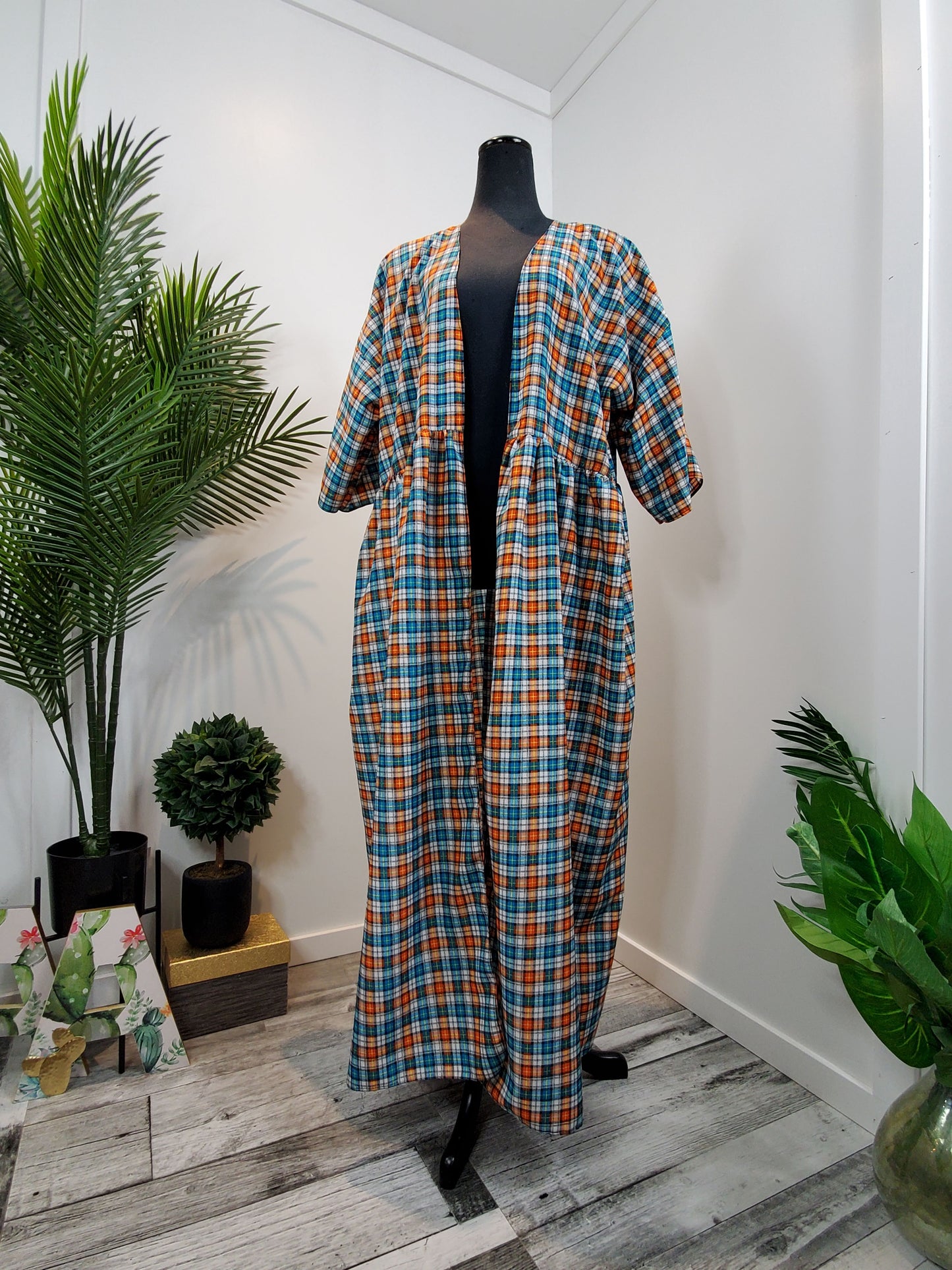 Orange and Blue Plaid Wrap Dress