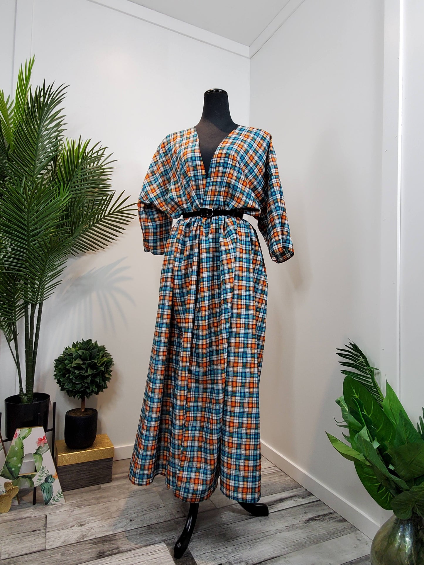 Orange and Blue Plaid Wrap Dress