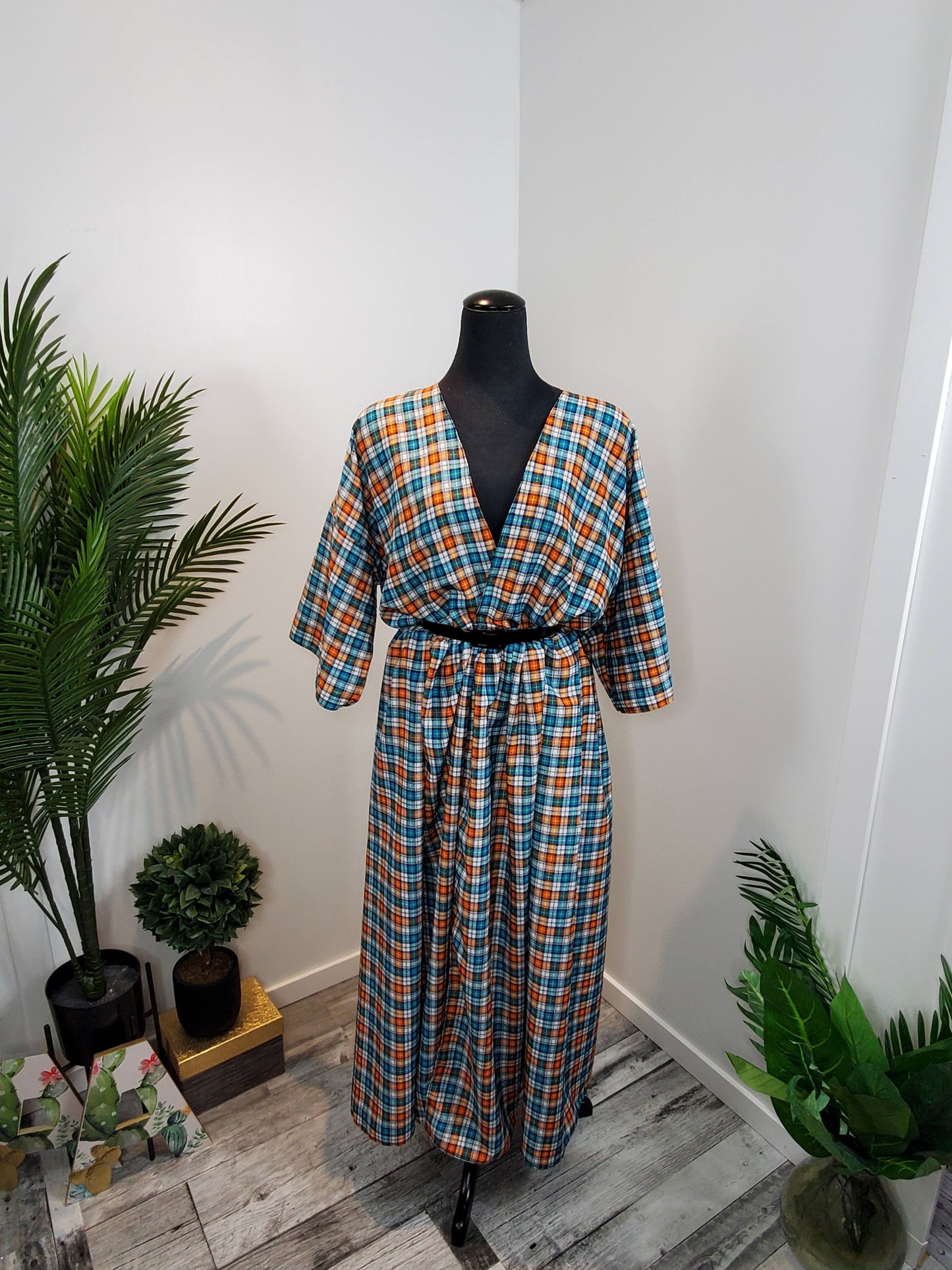 Orange and Blue Plaid Wrap Dress