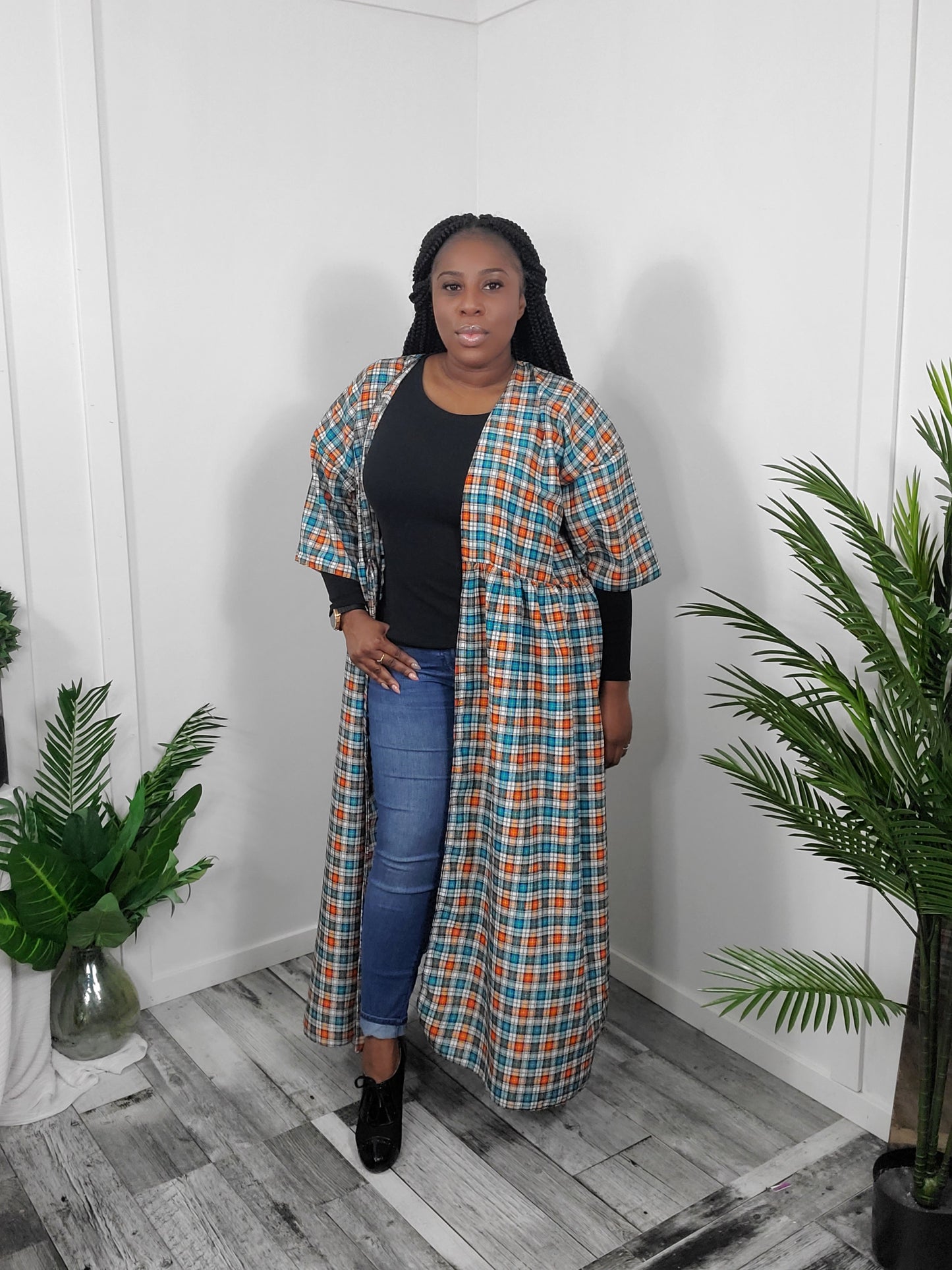 Orange and Blue Plaid Wrap Dress