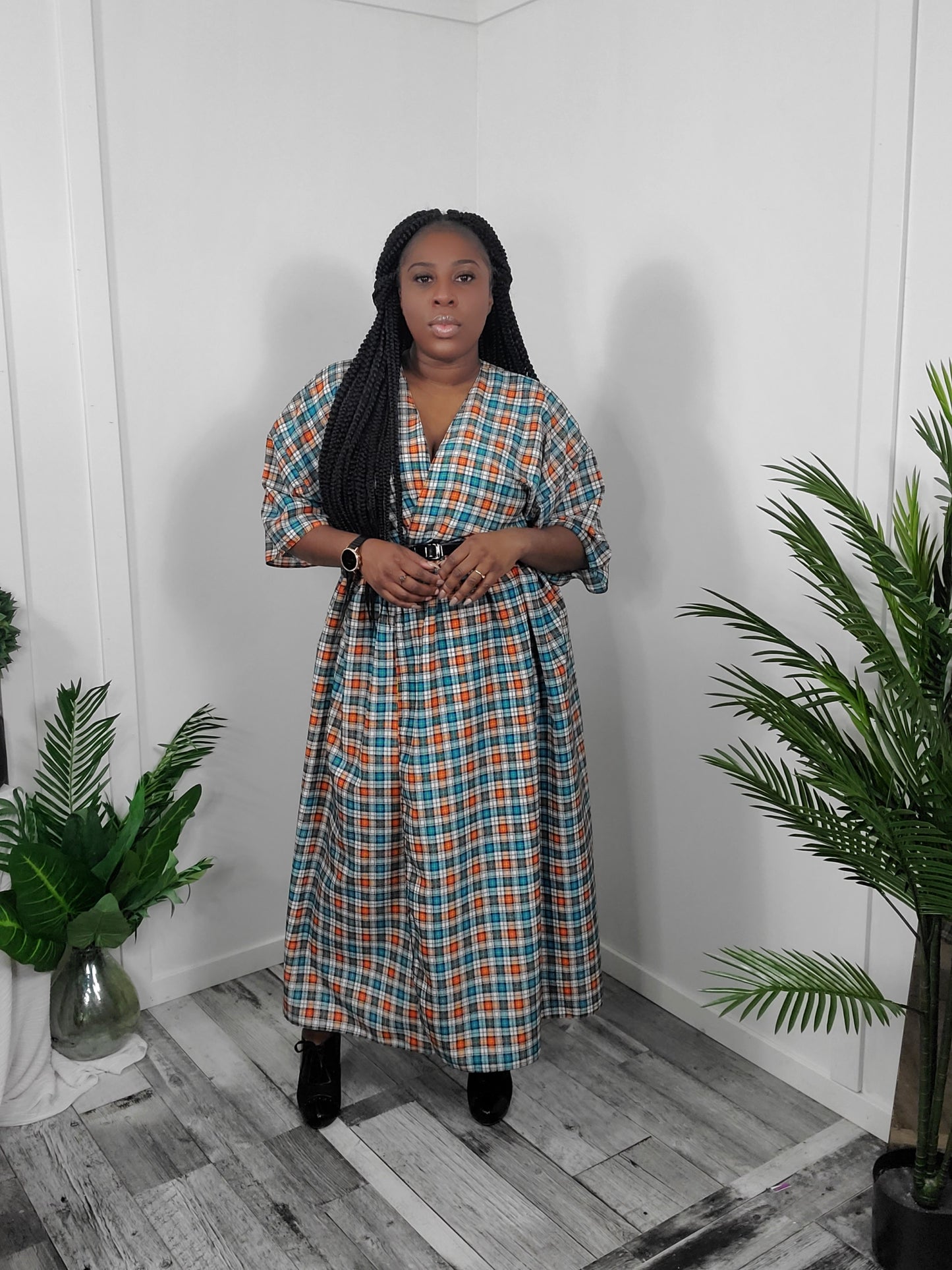 Orange and Blue Plaid Wrap Dress