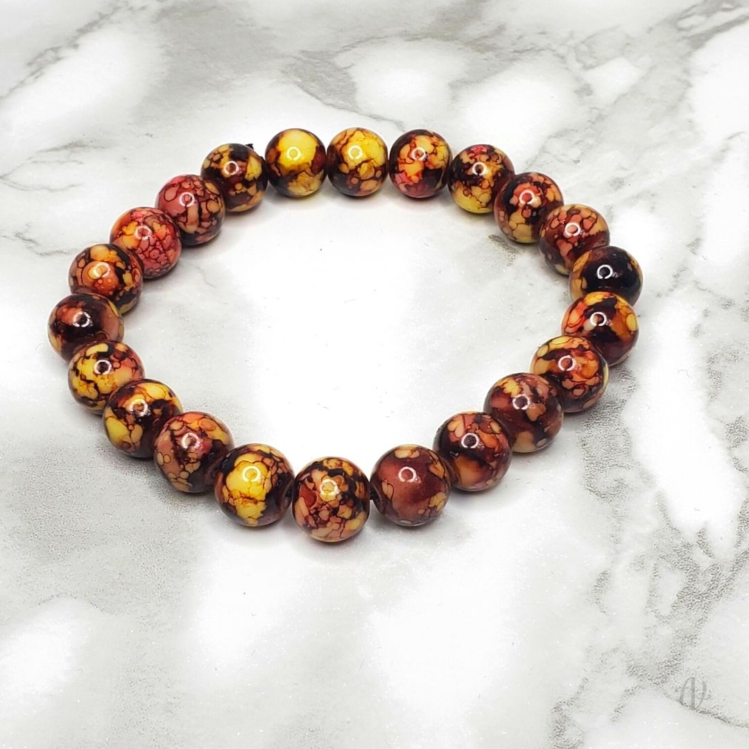 Brown, Yellow & Red Marble Opaque Bead Bracelet