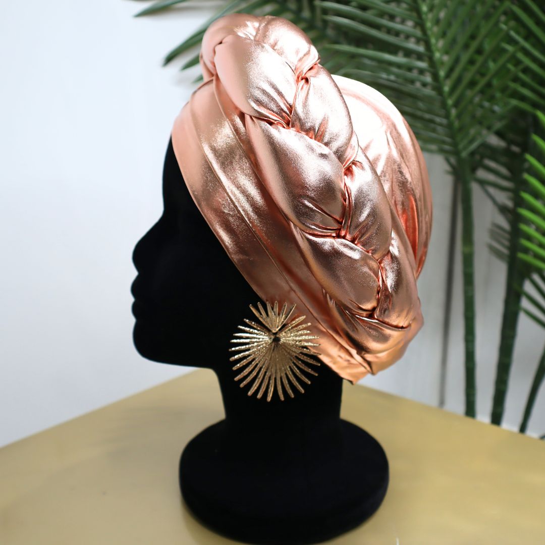 Rose Gold Braided Faux Leather Pre-Tied Turban Headwrap
