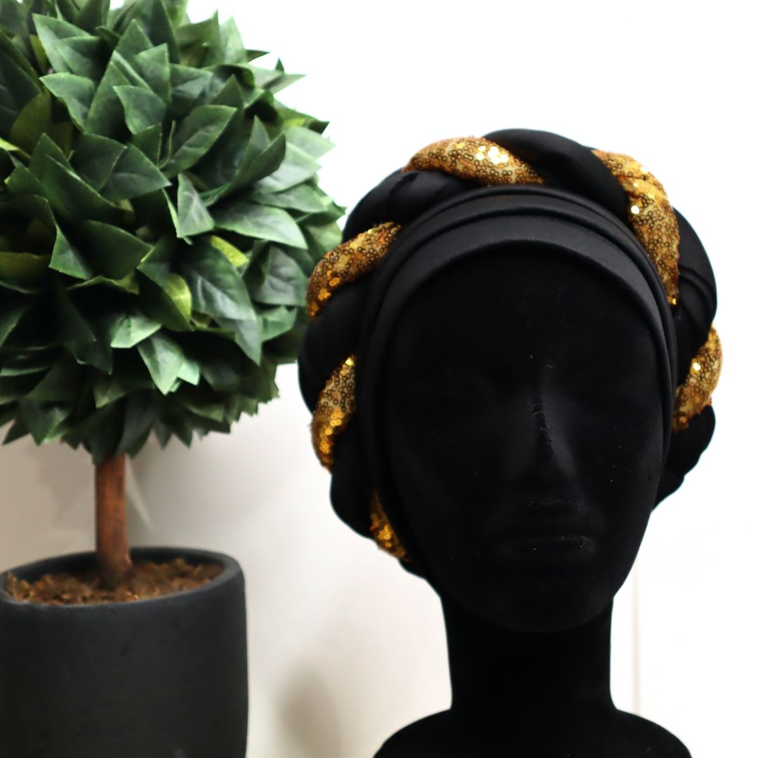 Black & Gold Braided Turban Pre-Tied Headwrap