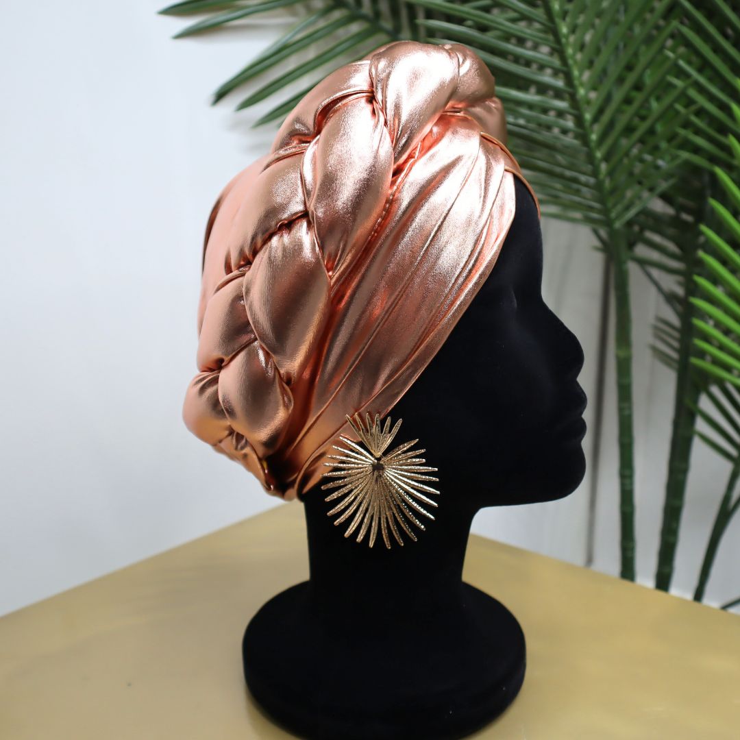 Rose Gold Braided Faux Leather Pre-Tied Turban Headwrap