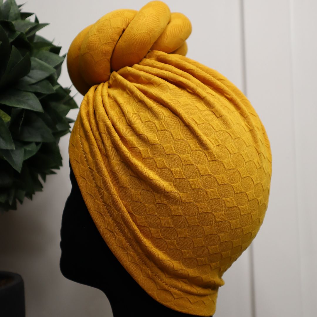 Golden Yellow Twisted Ball Textured Pre-Tied Headwrap