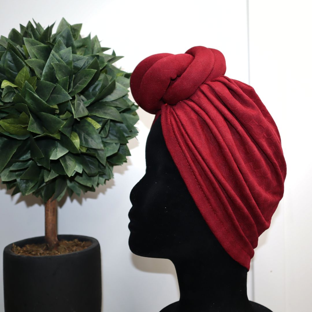 Burgundy Twisted Ball Textured Pre-Tied Headwrap