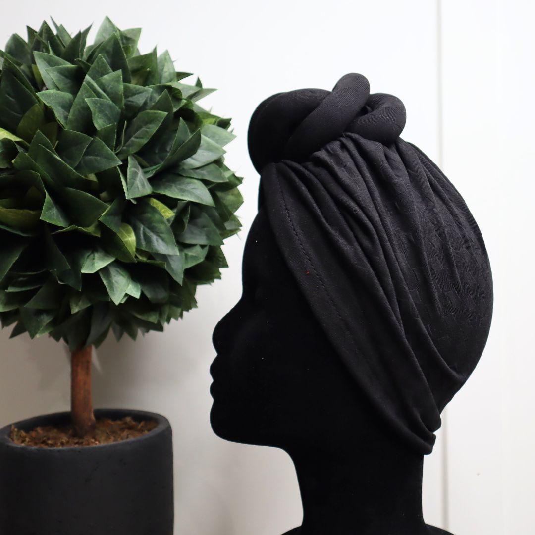 Black Textured Twisted Ball Textured Pre-Tied Headwrap