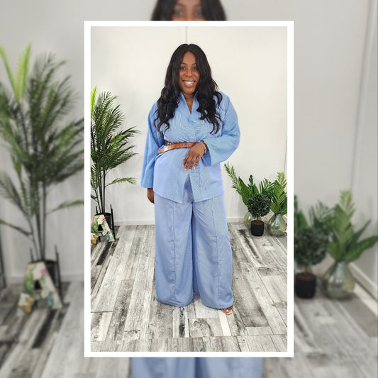 Blue Pinstripe Two-Piece Matching Pants Set