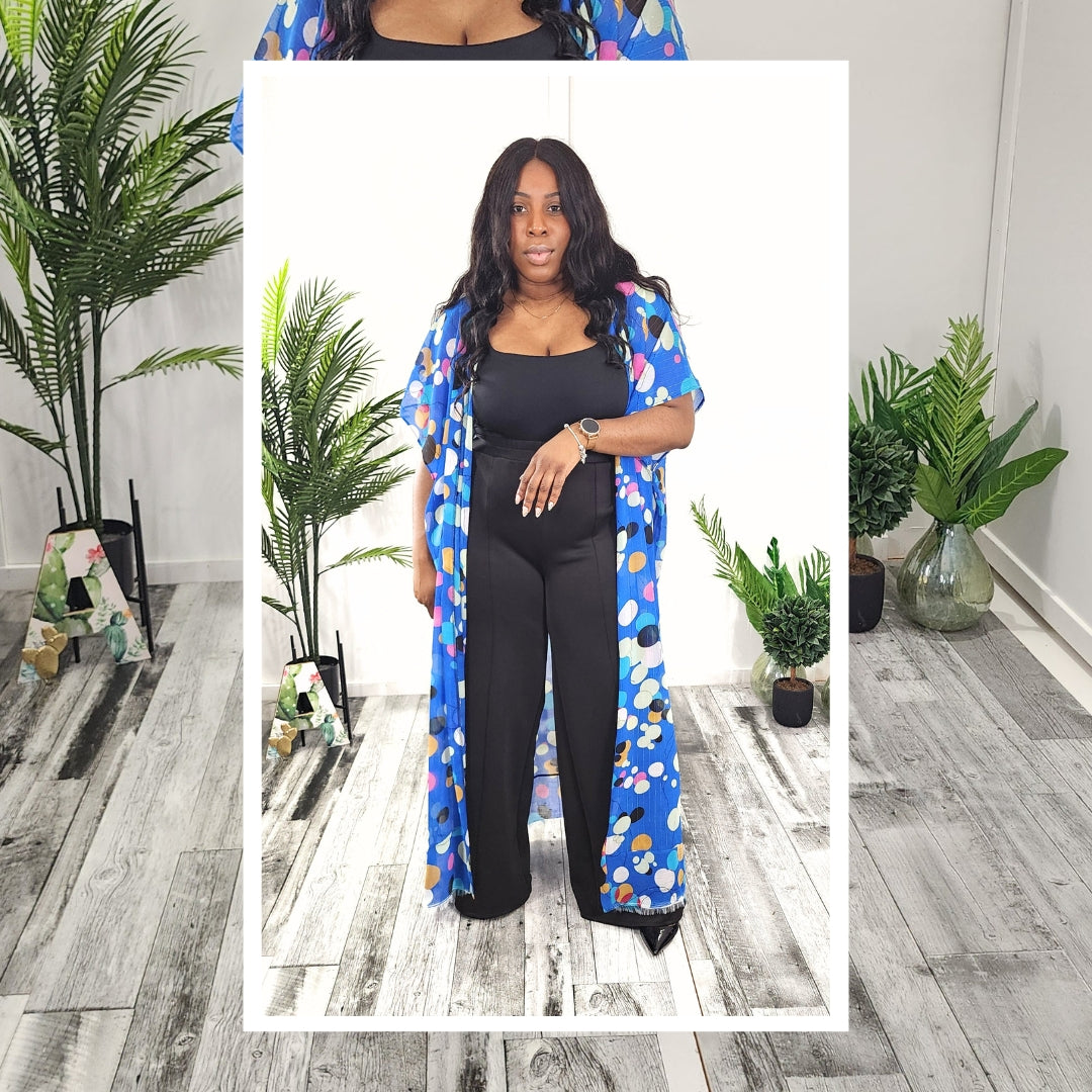 Blue Polka Dot Short Sleeve Maxi Kimono