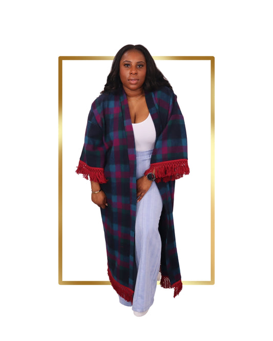 Midnight Garnet Wool Kimono with Fringe