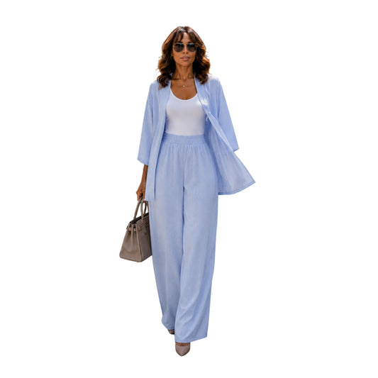 Blue Pinstripe Two-Piece Matching Pants Set