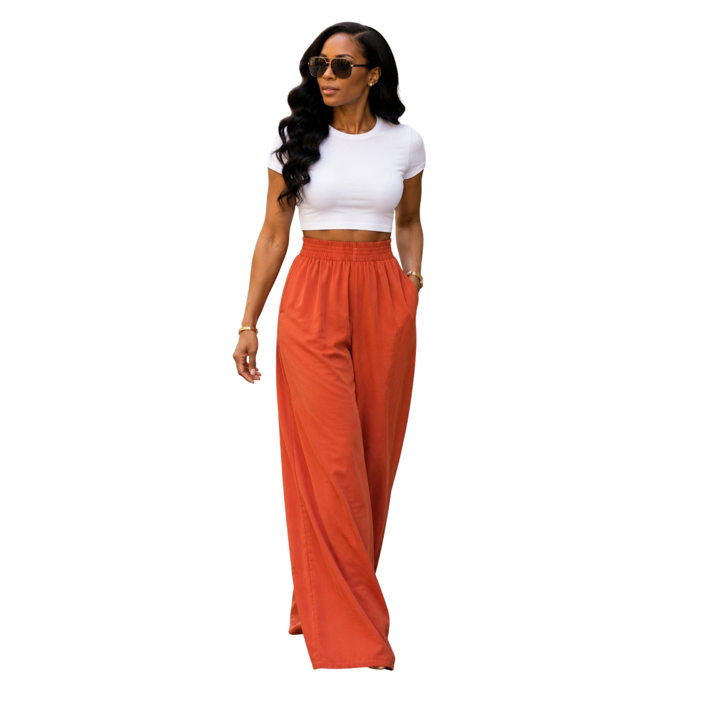 Orange High-Waist Wide Leg Pants