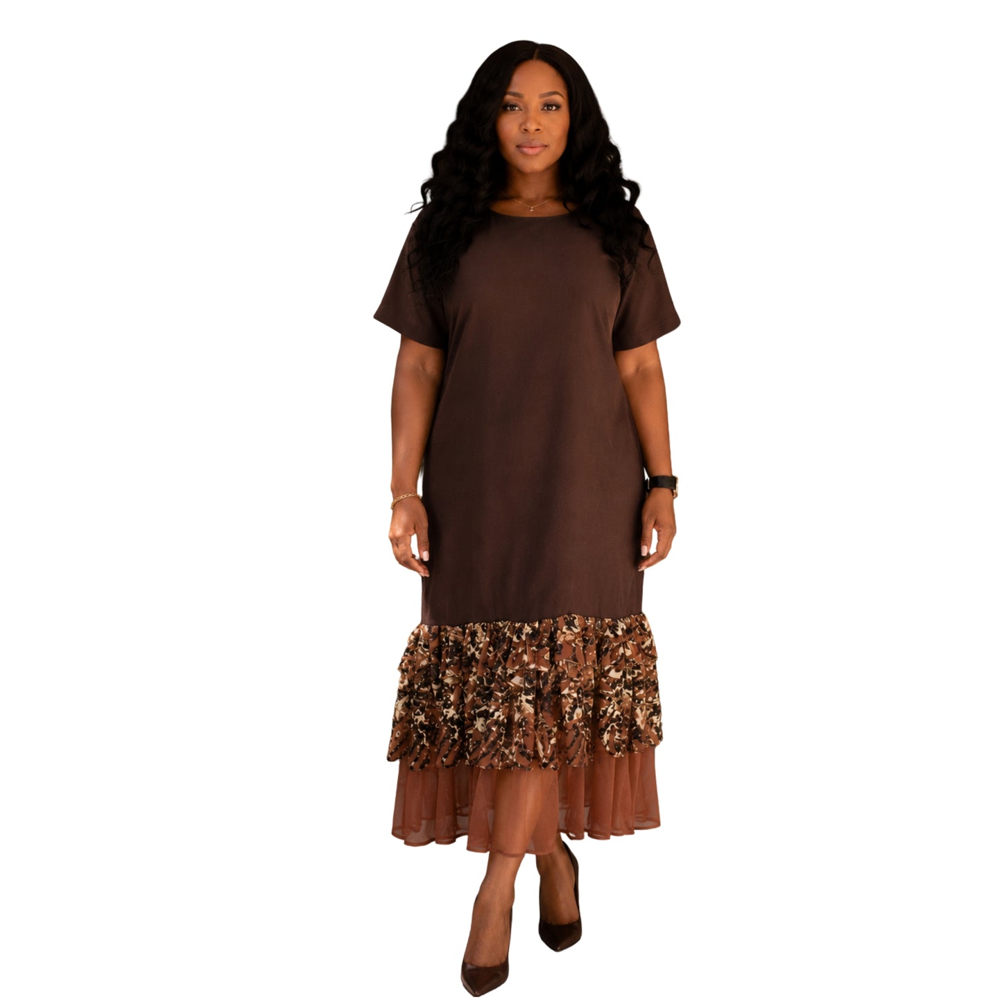 The Bronze Essence Shift Ruffle Dress