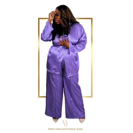 Purple Pinstripe Silk Two-Piece Matching Pants Set w. Belt