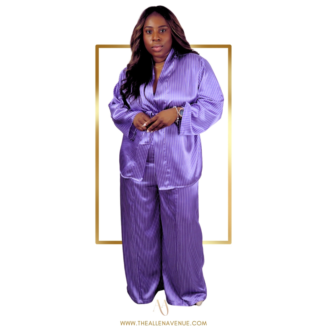 Purple Pinstripe Silk Two-Piece Matching Pants Set w. Belt