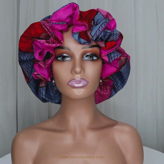 Rouge Sapphire Ankara & Satin Double Lined Hair Bonnet