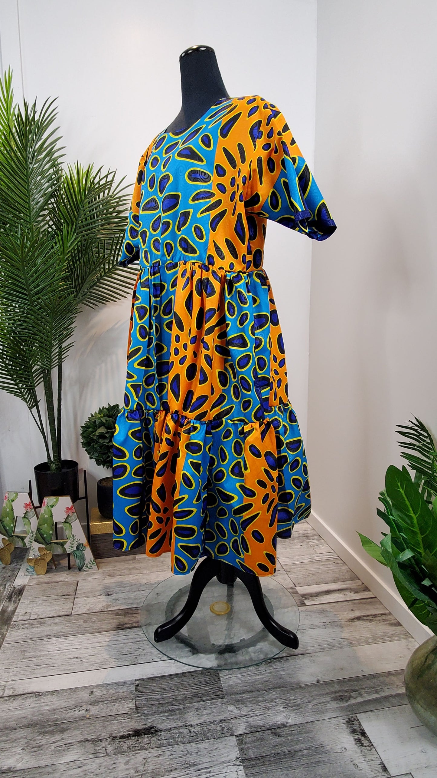 Orange & Blue Ankara Pleated Tier Dress