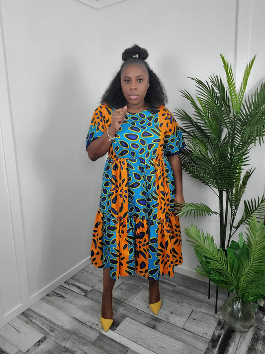 Orange & Blue Ankara Pleated Tier Dress